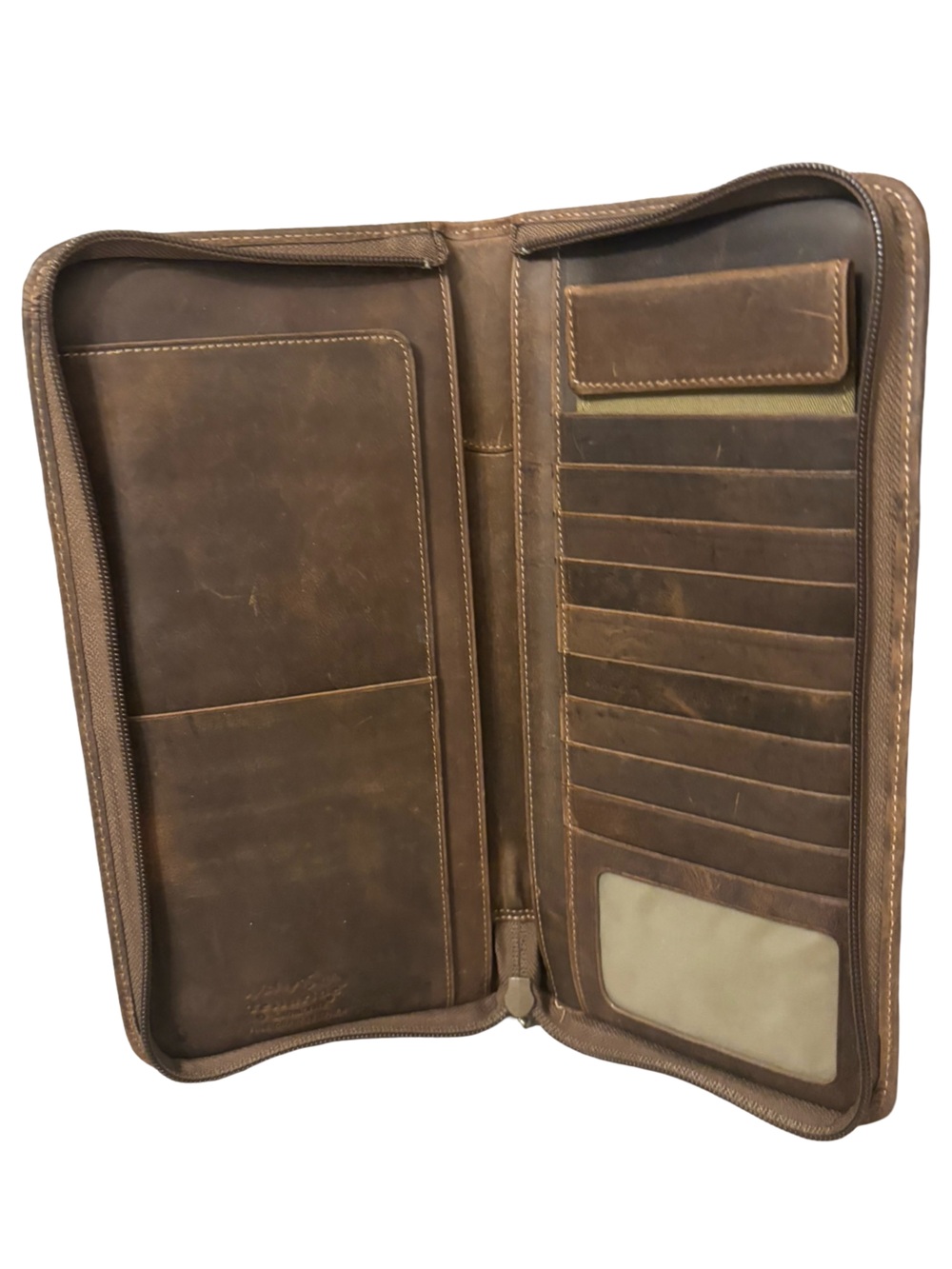 Classic Brown Full Grain Leather Zip Travel Organizer Wallet